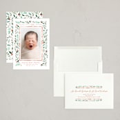 "Merry Little Christmas Greenery" - Holiday Birth Announcement Cards in Tangerine by Alethea and Ruth - Assembled