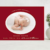 "Scallop Frame" - Holiday Birth Announcement Cards in Candy Cane by Emily Betts - Front