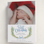 "First Christmas Wreath" - Holiday Birth Announcement Cards in Winter Sky by Alethea and Ruth - Folded Card