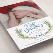 "First Christmas Wreath" - Holiday Birth Announcement Cards in Winter Sky by Alethea and Ruth - Detail