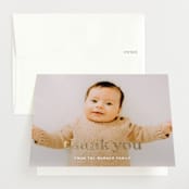 "News" - Foil-Pressed Birth Announcement Thank You Cards in Swiss Coffee by Sara Hicks Malone - Front