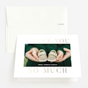 "Merriest Occasion" - Foil-Pressed Birth Announcement Thank You Cards in Pearl by Megan Davis - Front