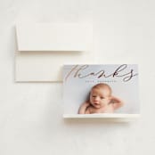 "Welcome Ribbon" - Foil-Pressed Birth Announcement Thank You Cards in Charcoal by Erica Krystek - Front