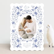 "Daisy Toile" - Birth Announcements in Bluebird by Susan Zinader - Front