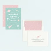 "Little Retro Astronaut" - Children's Birthday Party Invitations in Mint by Maria Alou - Assembled