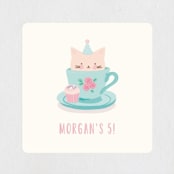 "Teacup Kitten" - Children's Birthday Party Stickers in Robin's Egg by Angela Thompson - Front