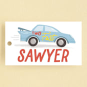 "Two Fast" - Children's Birthday Party Favor Tags in Racing Red by Jessie Steury - Front