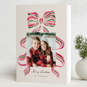 "stripes bow" - Holiday Cards in Poinsettia by Vivian Yiwing - Folded Card