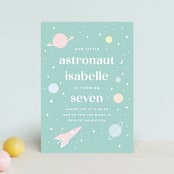 "Little Retro Astronaut" - Children's Birthday Party Invitations in Mint by Maria Alou - Front