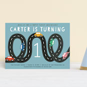 "Little Racer" - Children's Birthday Party Invitations in Sky by Jennifer Lew - Front
