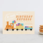 "The Birthday Express" - Children's Birthday Party Invitations in Sunset by Shiny Penny Studio - Front