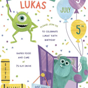 "Disney and Pixar's Monster's Inc Make Some Noise" - Children's Birthday Party Invitations in Lime Slime by Sarah Knight - Detail