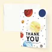 "Planet Party" - Children's Birthday Party Thank You Cards in Vanilla by Baumbirdy - Front