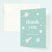 "Little Retro Astronaut" - Children's Birthday Party Thank You Cards in Mint by Maria Alou - Front