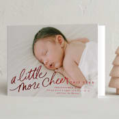 "More Cheer Now" - Holiday Birth Announcement Cards in Candy Apple by Everett Paper Goods - Folded Card