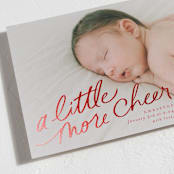 "More Cheer Now" - Holiday Birth Announcement Cards in Candy Apple by Everett Paper Goods - Detail