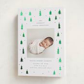 "Merry Little Trees" - Holiday Birth Announcement Cards in Icicle by Jennifer Holbrook - Folded Card