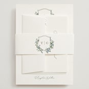 "Foliage Crest" - Wedding Invitations in Sky by Everett Paper Goods - Assembled with Belly Band