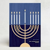 "Modern Menorah" - Hanukkah Cards in Navy by Kami Turnell - Front