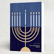 "Modern Menorah" - Hanukkah Cards in Navy by Kami Turnell - Folded Card