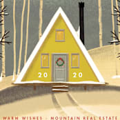"Snowy A-Frame" - Holiday Cards in Chartreuse by Becky Nimoy - Close-Up