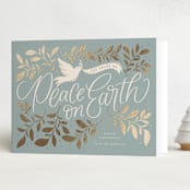 "Botanical Peace on Earth" - Holiday Cards in Blue Spruce by Erin German - Folded Card