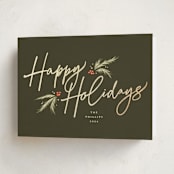"Holiday Script" - Holiday Cards in Pine by Robert and Stella - Folded Card