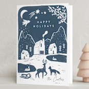 "Winter linocut" - Holiday Cards in Night by Maja Cunningham - Folded Card