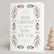 "Folk Floral" - Holiday Cards in Pine by Wildfield Paper Co - Folded Card