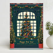 "Christmas Window" - Holiday Cards in Dark Turquoise by Becky Nimoy - Front