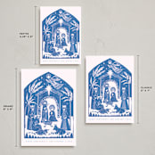 "Linocut Nativity" - Holiday Cards in Sky by Teju Reval - Formats Available