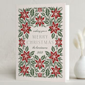 "Pressed Poinsettia" - Holiday Cards in Evergreen by Katharine Watson - Folded Card