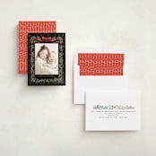 "Festive Ribbon & Fir" - Foil-Pressed Holiday Photo Mount Cards in Midnight by Hannah Williams - Assembled