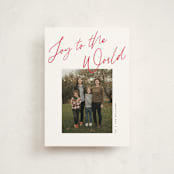 "Joy the the World Scripted" - Holiday Cards in Cranberry by Pixel and Hank - Front