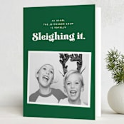 "Sleighing It" - Holiday Cards in Elf by Corinne Malesic - Folded Card