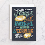 "Wonderful" - Single Greeting Cards in Denim by Emily Skinner - Front