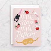 "WINE NAP REPEAT" - Single Greeting Cards in Blush by Cindy Chu - Front