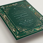 "Illuminated Storybook" - Wedding Invitations in Evergreen by Alethea and Ruth - Detail