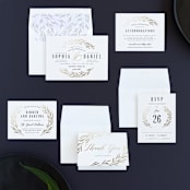 "Gilded Leaves" - Wedding Invitations in Classic White by Kelly Schmidt - Invitation Suite