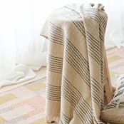 "Silica Chalk Off White And Gray Stripes Pattern Soft Handwoven Merino Throw" - Blankets and Throws in white by Anjali Purohit