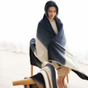 "Ink Black White Ombre Textured Throw In Hand Spun Merino And Hand Stitched Hem" - Blankets and Throws in black by Anjali Purohit