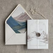 "Abstract painting blue mountain envelope liner for A7 euro flap envelope" - Envelope Liners in multicolor by Ivory Invitations
