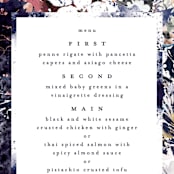 "Floral Cascade" - Menus in Navy by Phrosné Barwood - Detail