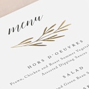 "Gilded Leaves" - Foil-Pressed Menus in Classic White by Kelly Schmidt - Detail