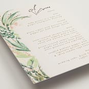 "fresh tropical" - Foil-Pressed Menus in Greenery by Phrosné Barwood - Detail