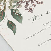 "Evergreen" - Foil-Pressed Menus in Shamrock by Leah Bisch - Detail