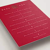 "Double Peony" - Foil-Pressed Menus in Ruby by Janean Hinger - Detail