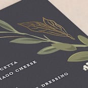"Greenery Crown" - Foil-Pressed Menus in Navy by Susan Moyal - Detail