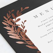 "Lux branch" - Foil-Pressed Menus in Pepper by Stacey Meacham - Detail