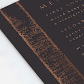 "Dazzling" - Foil-Pressed Menus in Noir by Phrosné Barwood - Detail